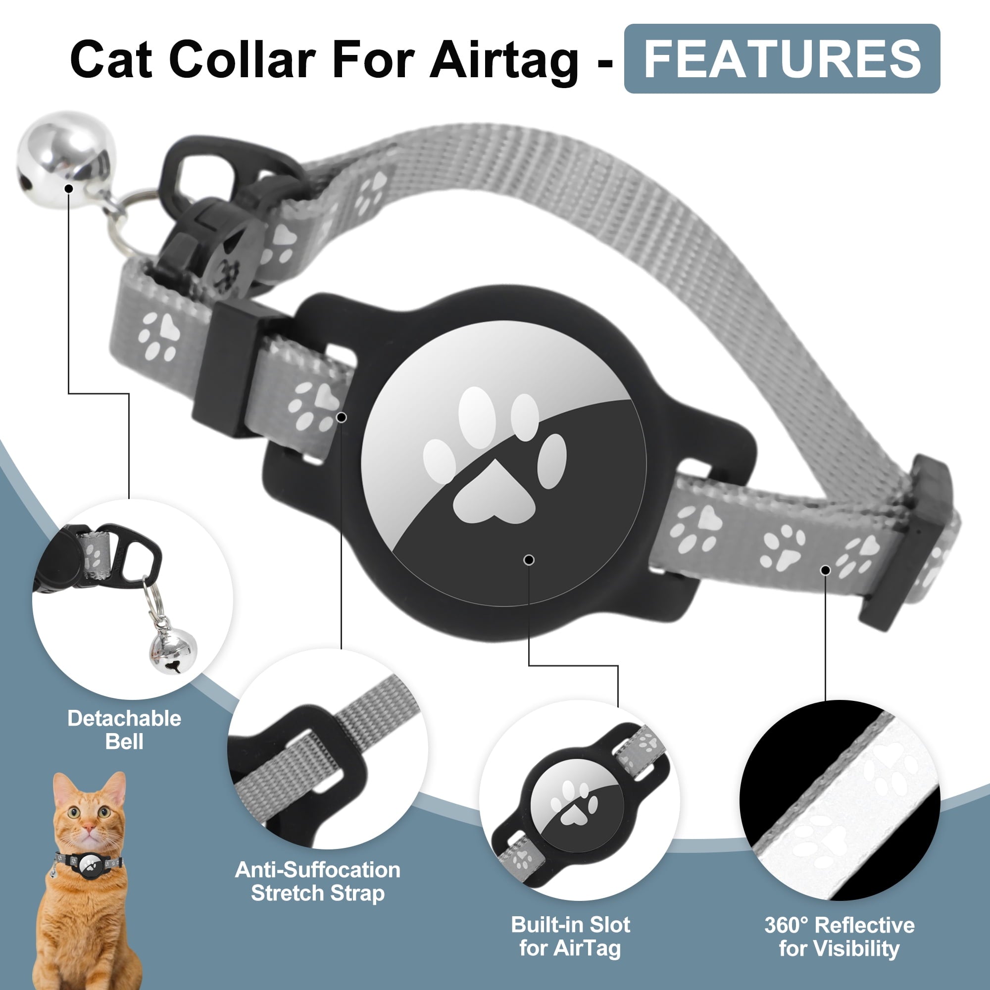 Unique Bargains Waterproof Cat Collar for Airtag  Reflective Collar with Bell Breakaway Cat Collar for Airtag Holder Cat Collars Cat Collar for Apple Air Tag Grey