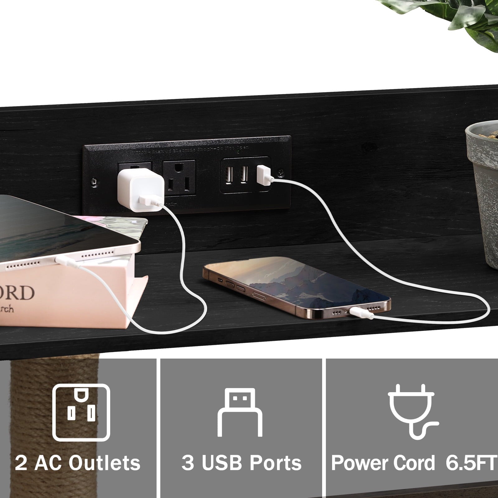 Oumilen Modern Black Nightstand with Hidden Litter Box and Charging Station