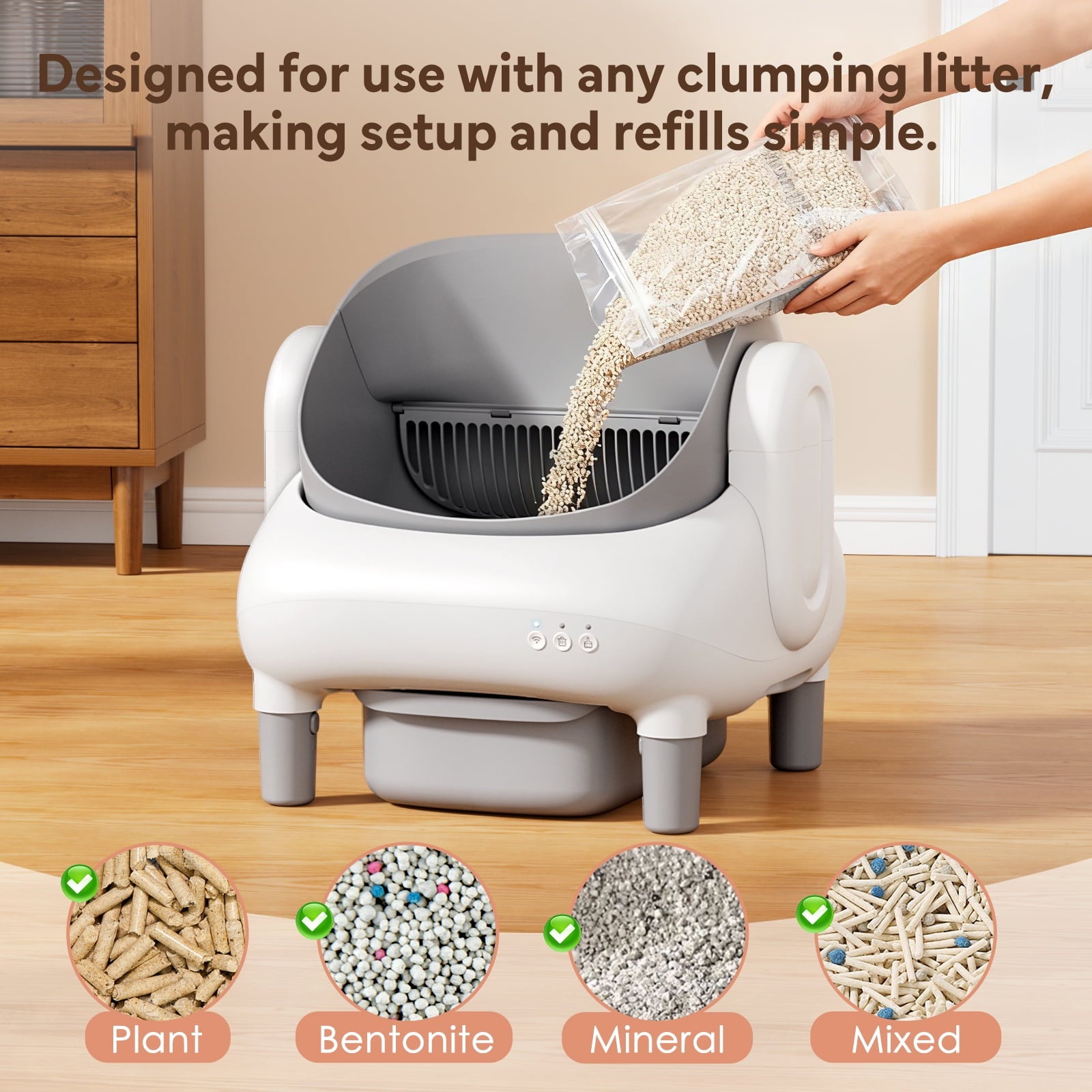 Self Cleaning Litter Box, 95 L Automatic Cat Litter Box Self Cleaning for Multiple Cats, with Safety Protection, App Control,1 Roll Garbage Bags,White & Grey