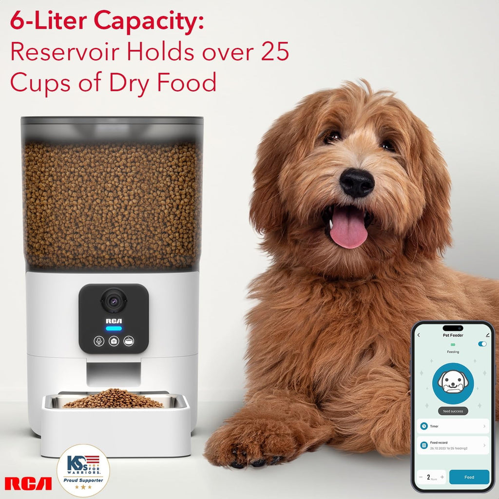 RCA Cat & Dog Pet Feeder with HD 1080p Camera, Real-Time Two-Way Audio, Monitoring, Motion Detection, Night Vision, Compatible with Alexa & Google Assistant - 6L Capacity, Dishwasher Safe Bowls…