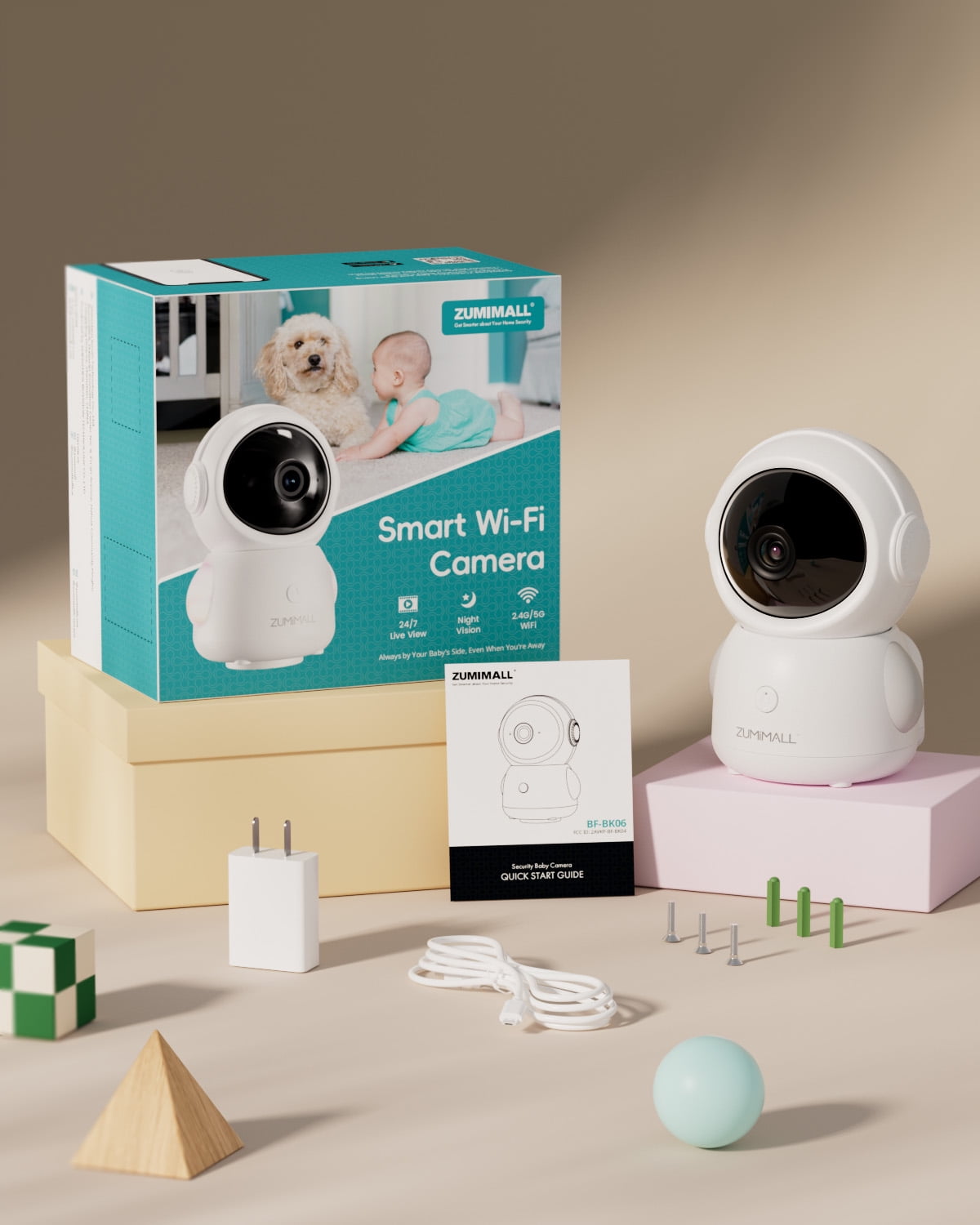 ZUMIMALL Security Camera Indoor, 5G/2.4G WiFi Baby Monitor with Camera and Audio, 2K Wired Pet Camera for Home Security, One-Click Call, Auto Tracking, Cry/PIR/AI Detection, Alexa/ONVIF/Cloud