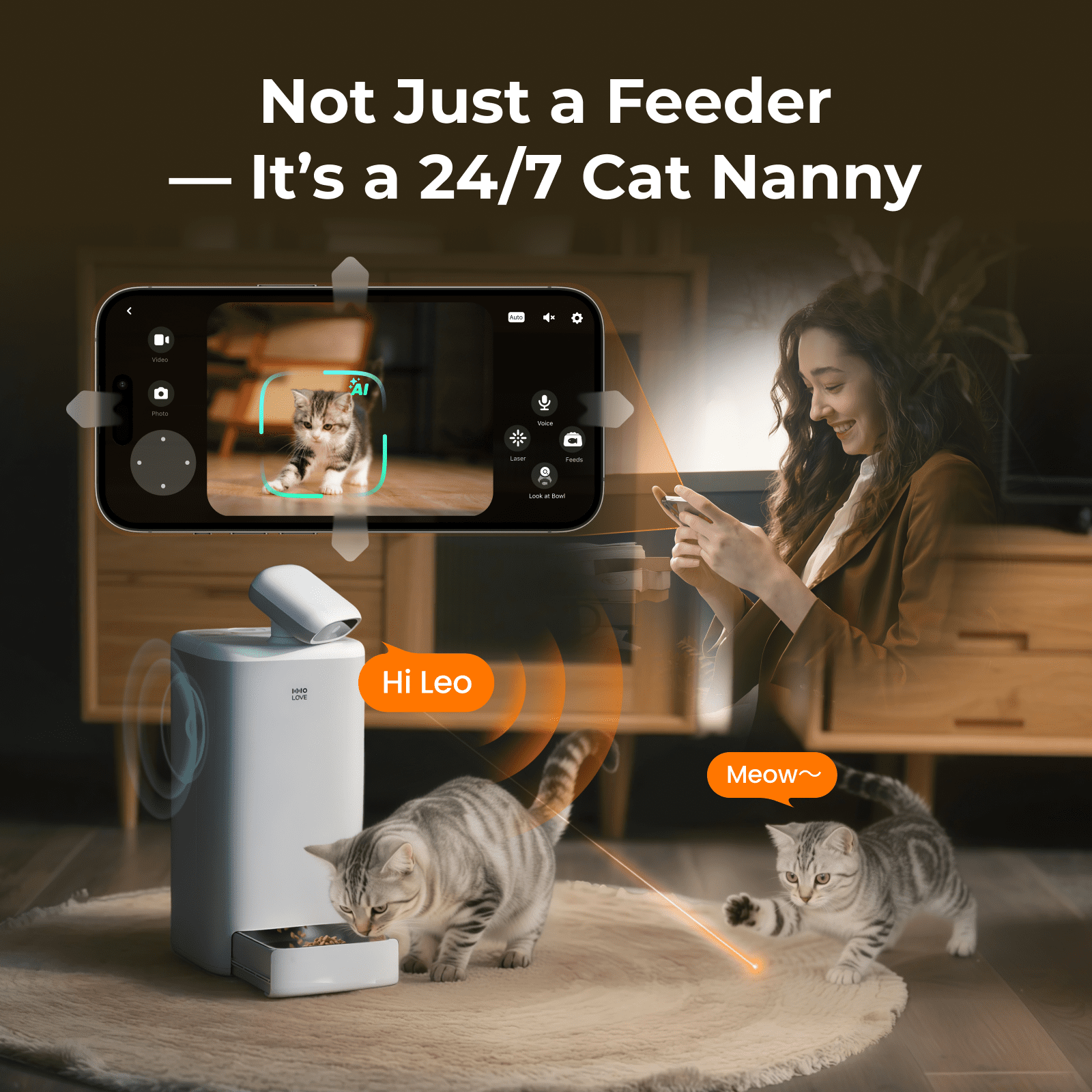 HHOLOVE Automatic Cat Feeder with 360°, 2K HD Video, Night Vision & 2-Way Audio, 5G Dispenser for Cats