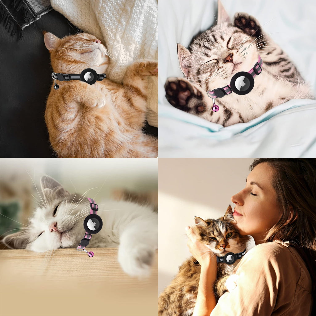 Airtag Pet Collar Breakaway with Bell, Reflective Collar with Waterproof Airtag Holder Tracker Pet Collars for Kittens And Puppies (Pink)