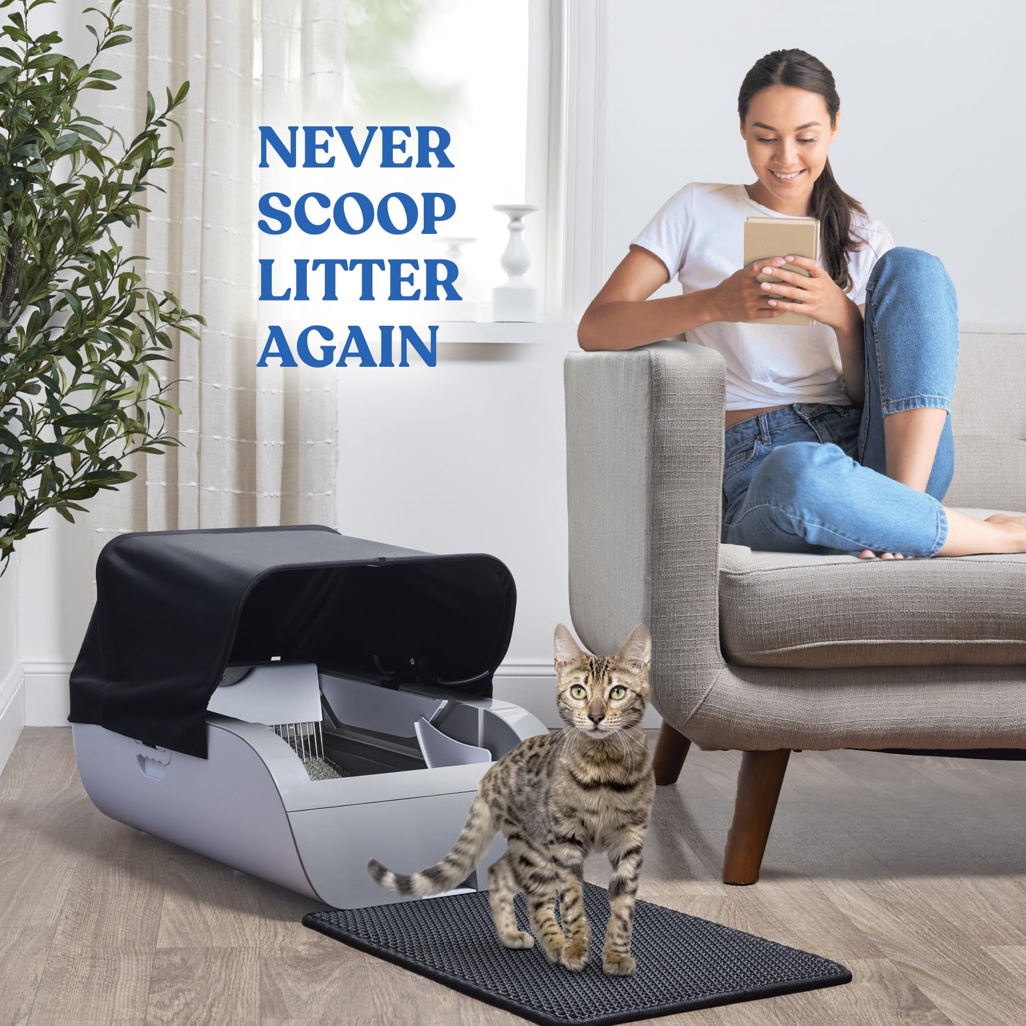 imerelez Smart Cat Litter Box – Wide Opening Auto-Clean Design for Large Cats (71-90lbs), ABS Material, WiFi/App Control, LED Display, Cream White