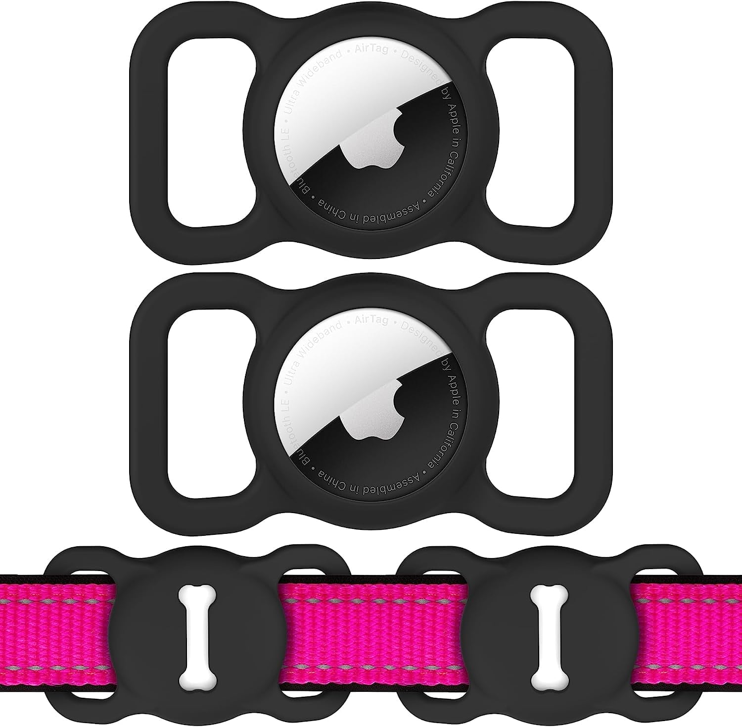 [2 Pack] Pet AirTag Holder, Silicone Dog Collar Accessory for AirTags, Bone Pattern (Black/Black)
