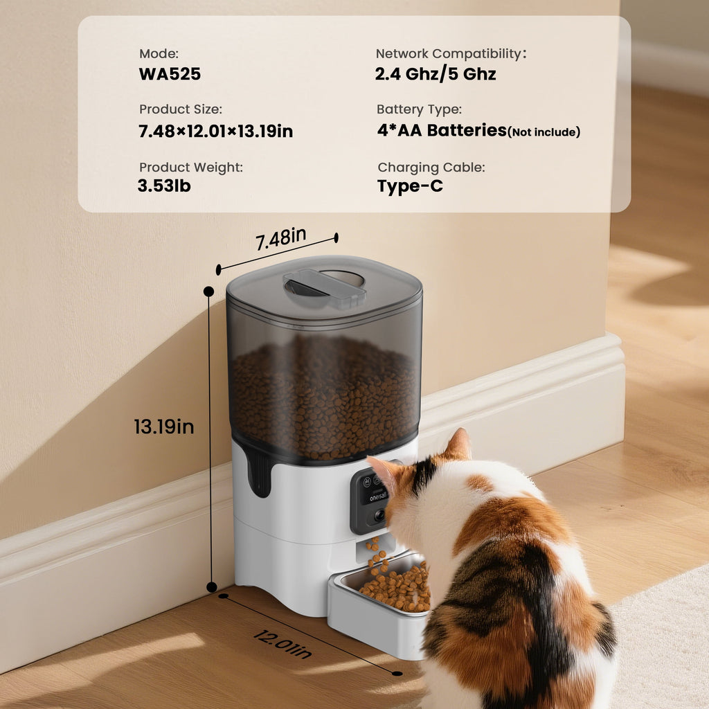 Oneisall WF-63 5GHz & 2.4GHz Automatic Cat Food Dispenser, 6L/25 Cups Automatic Cat Feeder with Camera, White
