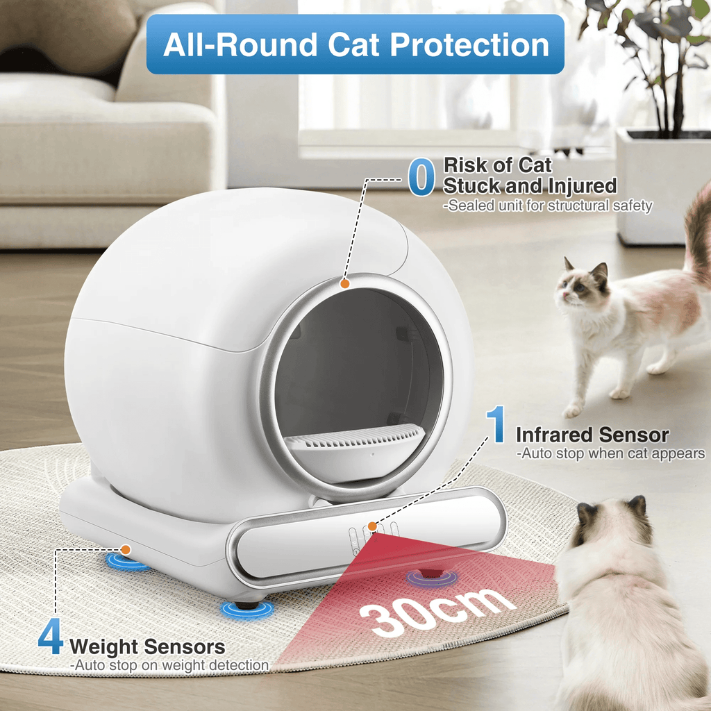 Automatic Self Cleaning Cat Litter Box for Multiple Cats, Cat Litter Box with Safety Protection, APP Control, Odor-Free, 2 Rolls Trash Bags, White