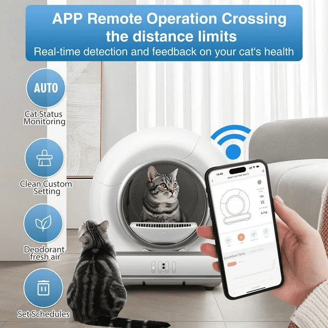 Automatic Self Cleaning Cat Litter Box for Multiple Cats, Cat Litter Box with Safety Protection, APP Control, Odor-Free, 2 Rolls Trash Bags, White