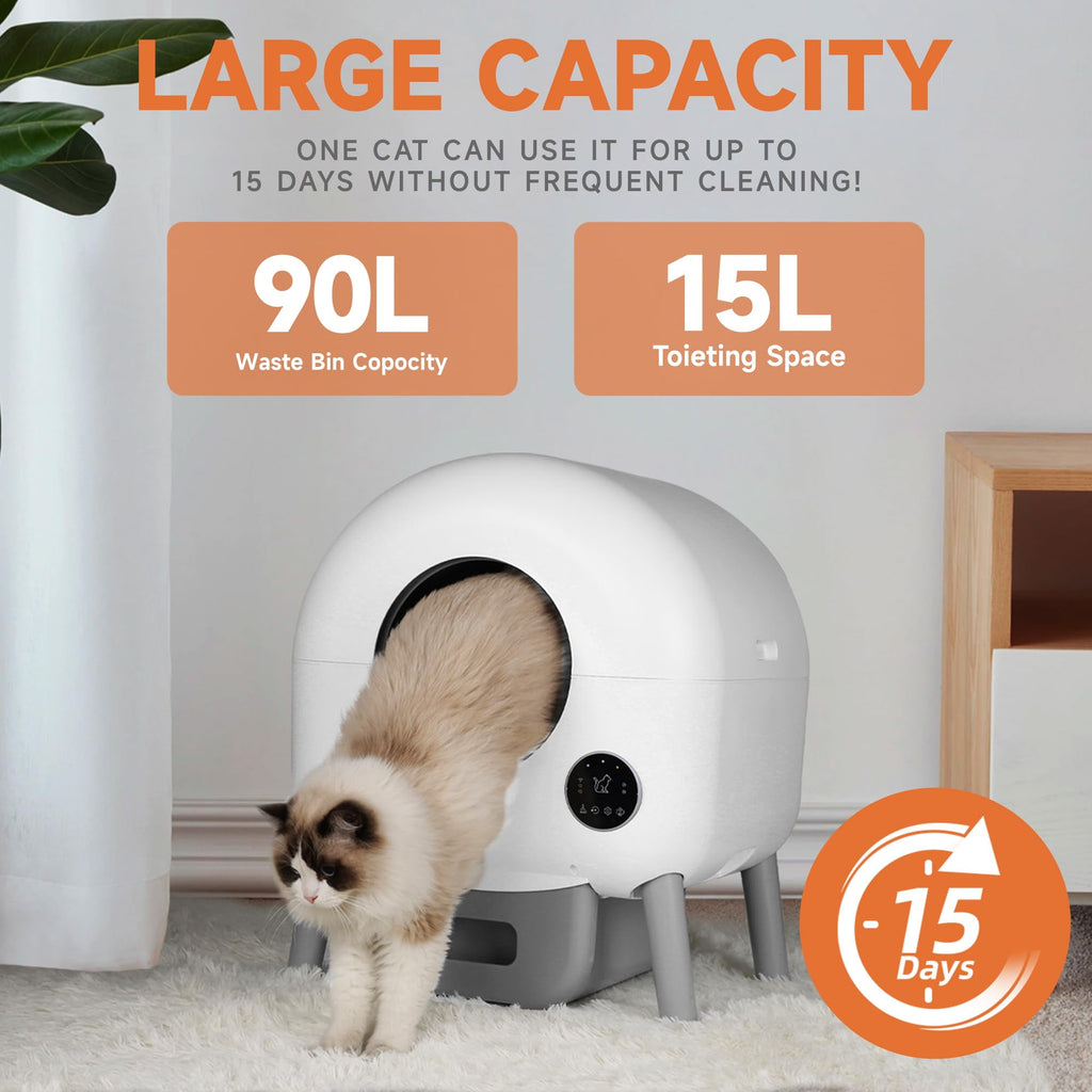 Self Cleaning Cat Litter Box, Automatic Litter Box w/ Liner,with 1 Roll Trash Bags, Dual Sensor Protection for Multi Cat, APP+ Panel Control, Odor Removal, Large Capacity Litter Box