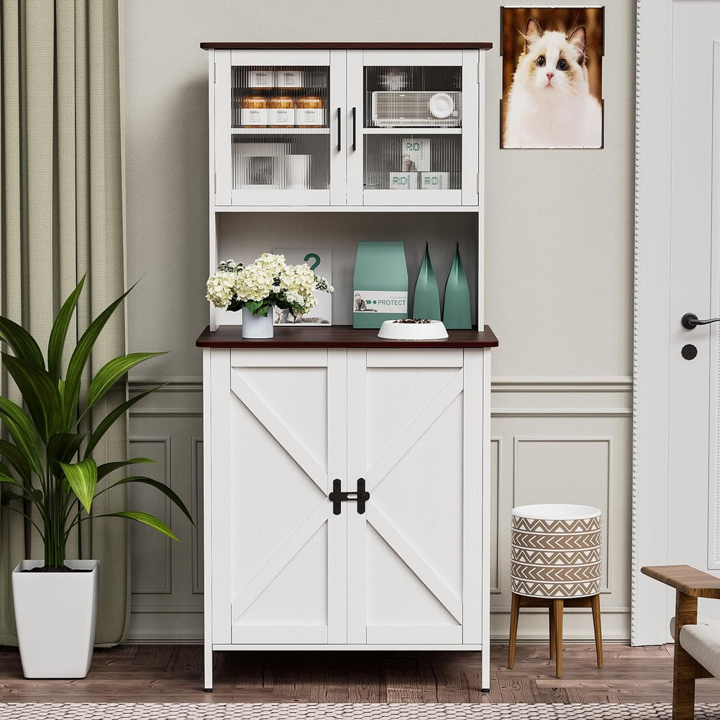 PakaLife Cat Litter Box Enclosure Furniture for Self-Cleaning Litter Box, Wood Cat Washroom Furniture with Cabinet, Shelves and Doors for Large Smart Litter Box