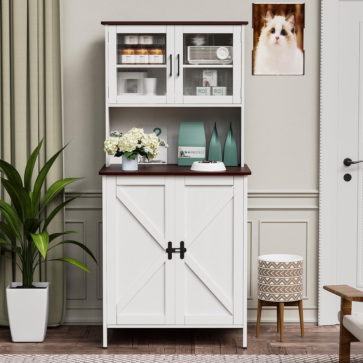 PakaLife Cat Litter Box Enclosure Furniture for Self-Cleaning Litter Box, Wood Cat Washroom Furniture with Cabinet, Shelves and Doors for Large Smart Litter Box