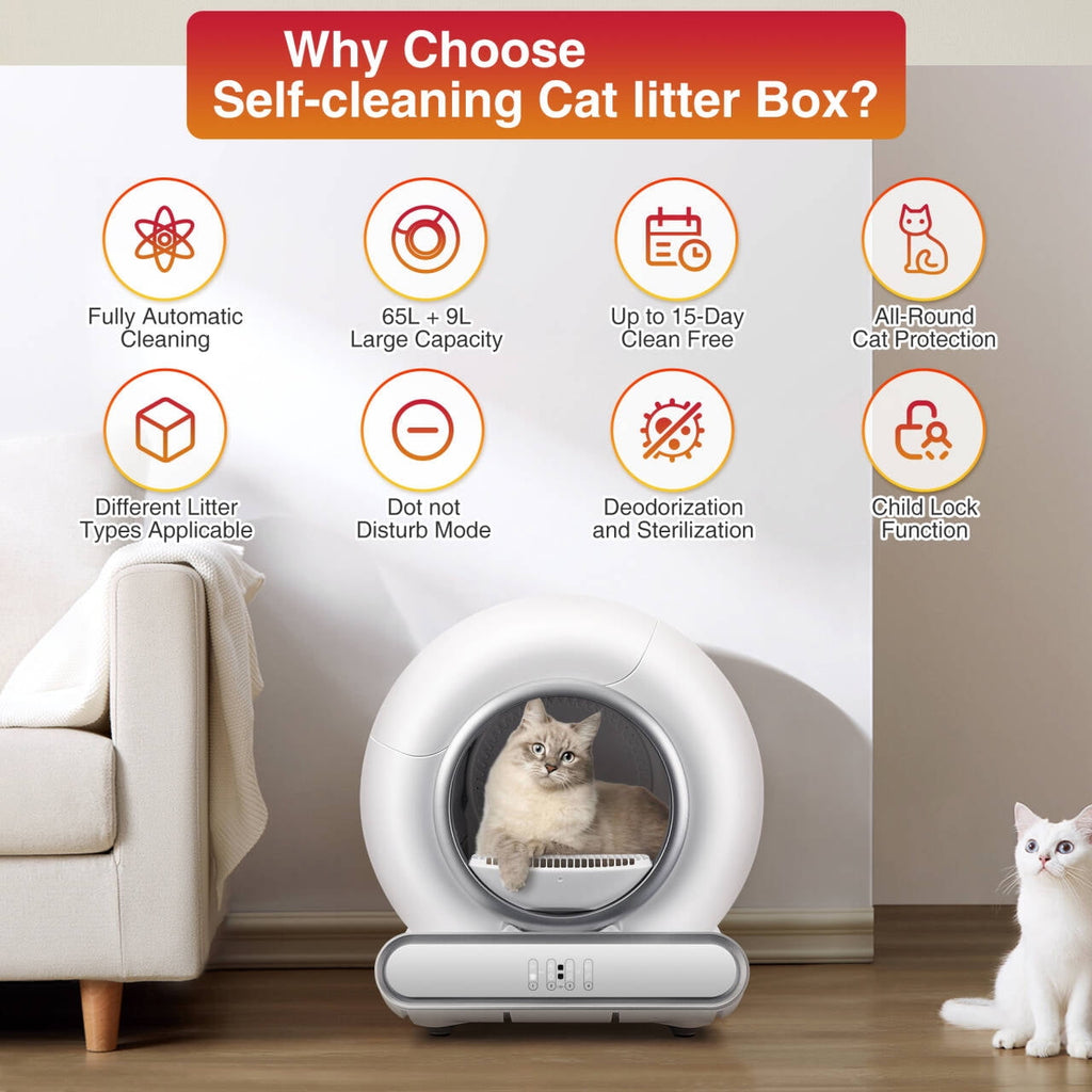 Self-Cleaning Cat Litter Box, Automatic Litter Box w/ 65+9L Extra-Large Capacity for Multi-Cat, App Monitoring & Health Monitoring, Odor Isolation & Smart Radar Detection, Free Liners Gift