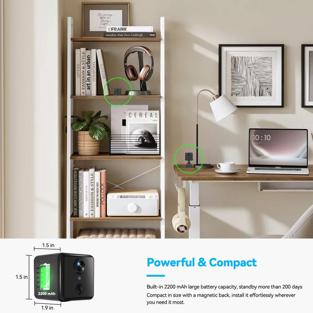 Wi-Fi Magnetic Wireless Ultra HD Mini Camera, Hidden Security Camera with Night Vision, Motion Detection, Cloud Storage, 64GB SD Card, Compact Design, Indoor for Baby, Elder, Pet, Car Monitoring