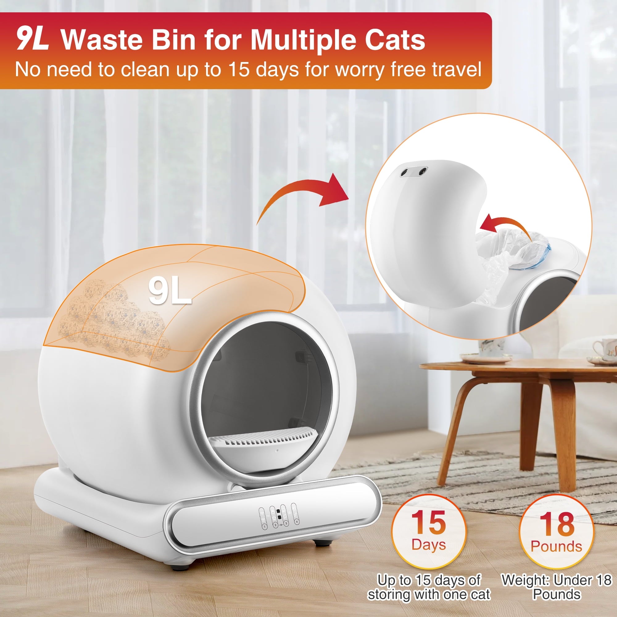 Self Cleaning Cat Litter Box,  65L+9L Automatic Cat Litter Box for Milti Cats w/ 2 Roll Liners, Smart APP Control, Health Monitoring, Odor Removal, 2 Sensor Safety Protection, Whisper Quiet