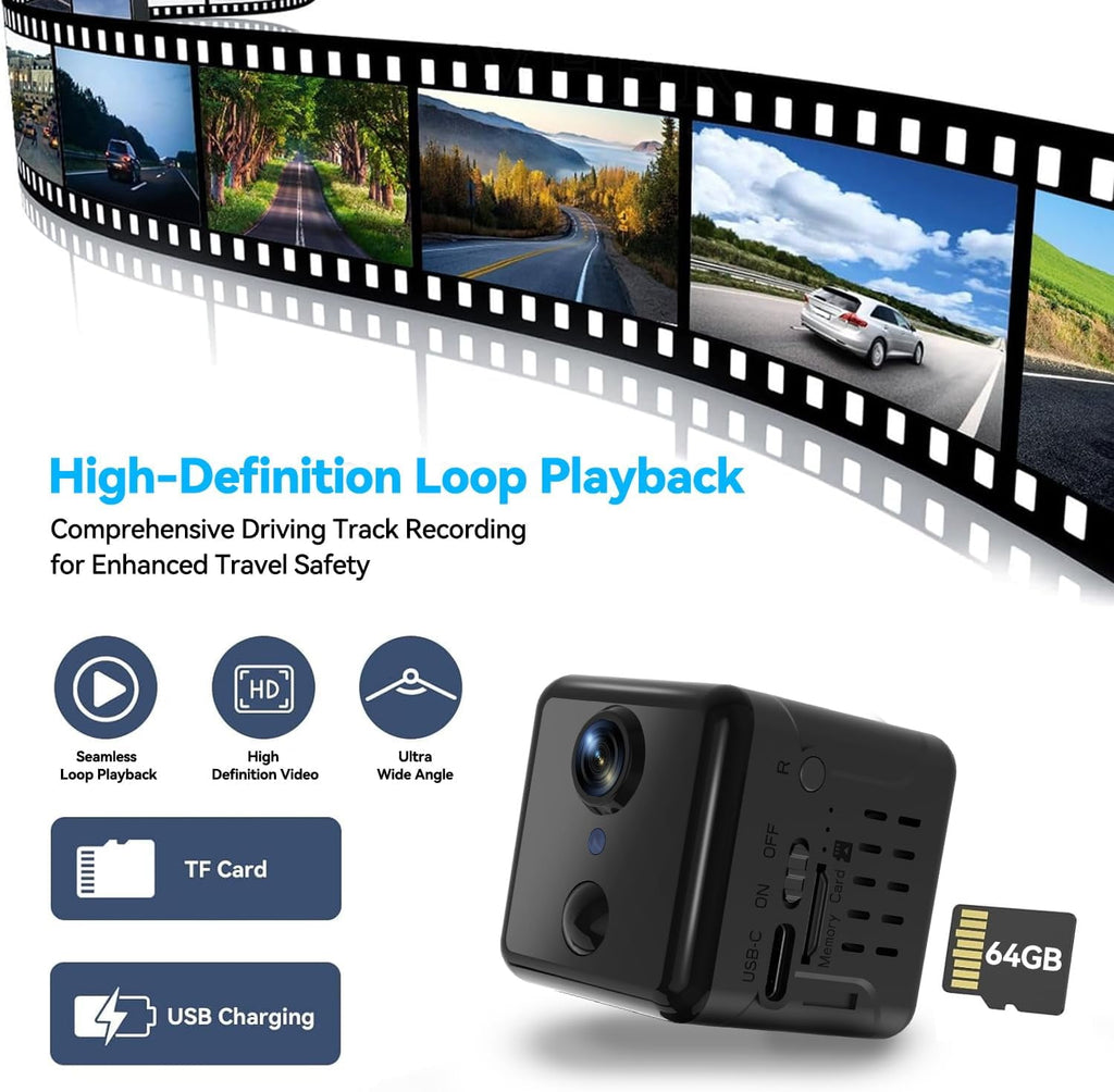 Wi-Fi Magnetic Wireless Ultra HD Mini Camera, Hidden Security Camera with Night Vision, Motion Detection, Cloud Storage, 64GB SD Card, Compact Design, Indoor for Baby, Elder, Pet, Car Monitoring