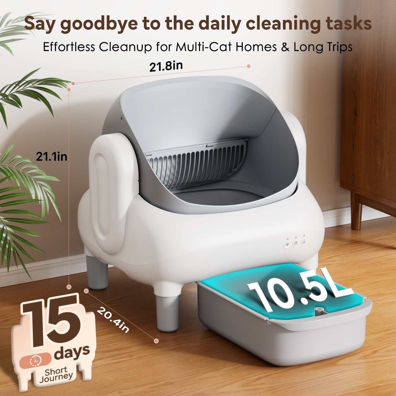 Self Cleaning Litter Box, 95 L Automatic Cat Litter Box Self Cleaning for Multiple Cats, with Safety Protection, App Control,1 Roll Garbage Bags,White & Grey