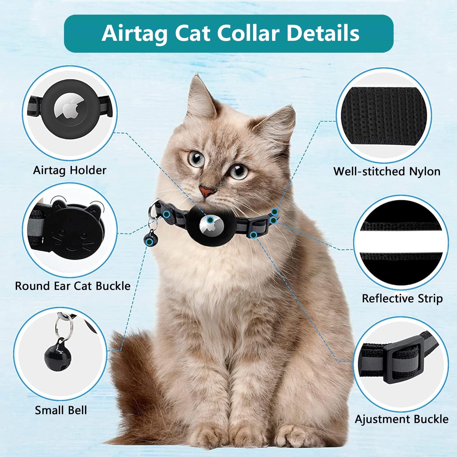 IC ICLOVER 2 Pack Breakaway Airtag Cat Collar, Reflective Kitten Strap with Air Tag Case and Bell for Cat Kitten and Extra Small Dog, Black