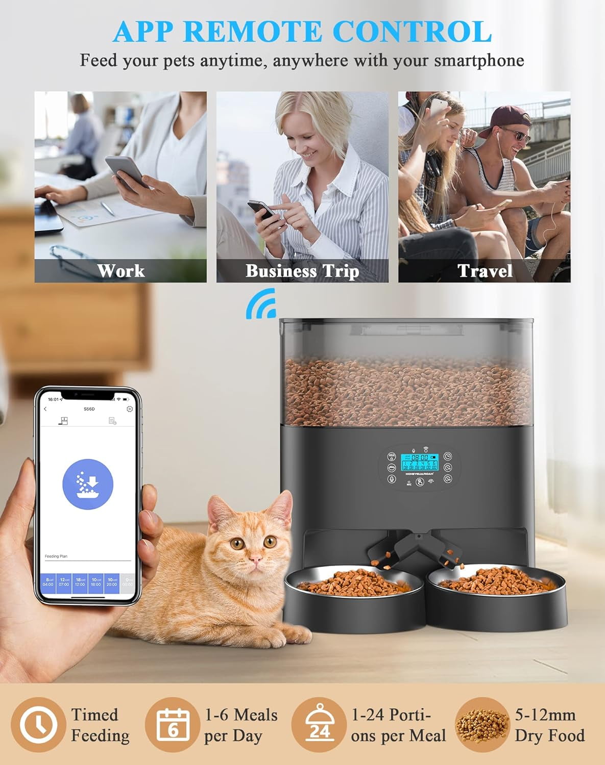 HoneyGuaridan 6L Automatic Cat Feeder for 2 Cats, 2.4G WiFi Enabled Smart Feed Pet Feeder for Dogs, Timed Pet Food Dispenser with Stainless Steel Bowl APP Control, 10s Voice Black