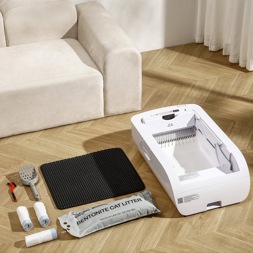 imerelez Smart Cat Litter Box – Wide Opening Auto-Clean for Extra Large Cats (71-90lbs), ABS Material, Wifi/App Control with LED Display, Cream White, 29.9”L x19.6”W x19.6”H