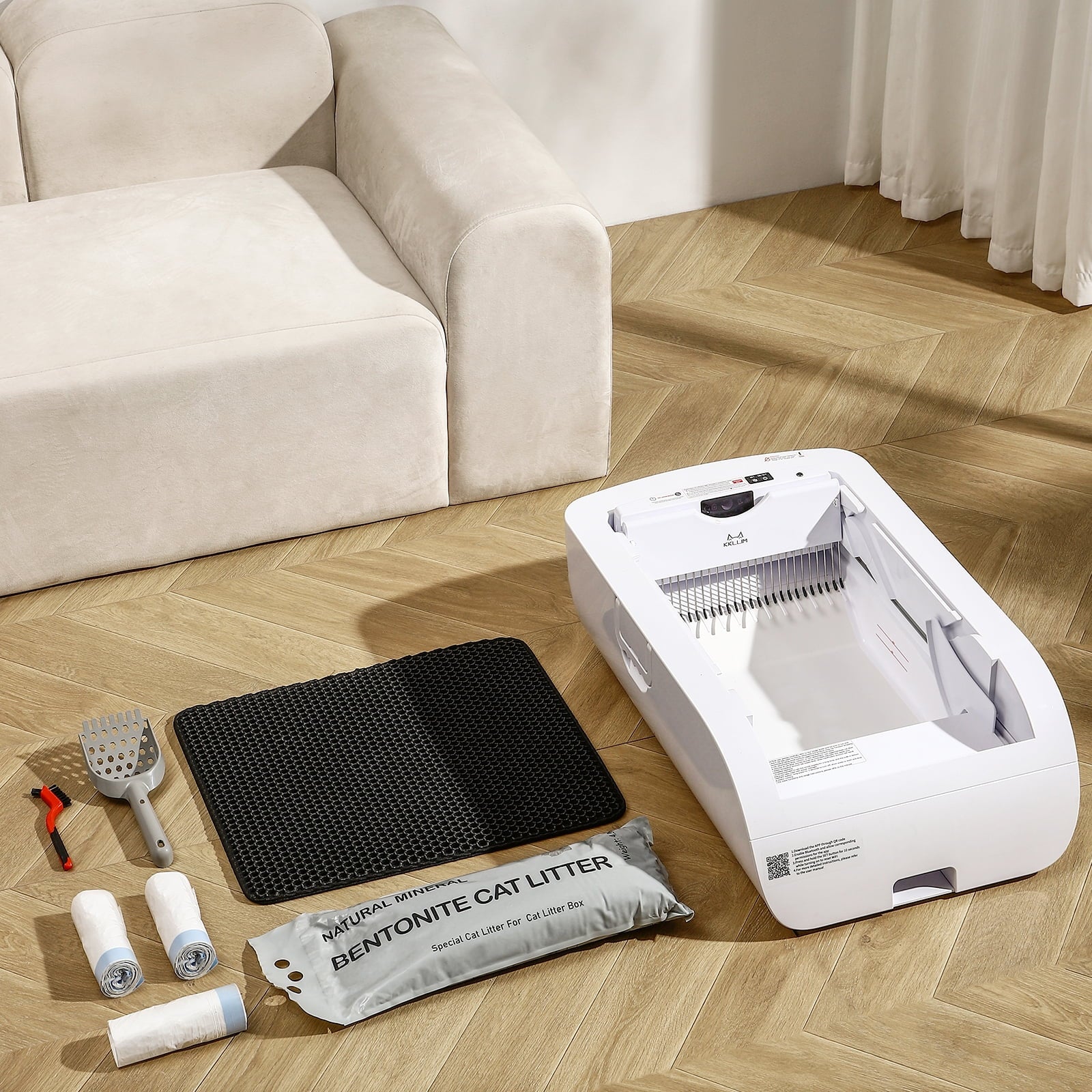 imerelez Smart Cat Litter Box – Wide Opening Auto-Clean for Extra Large Cats (71-90lbs), ABS Material, Wifi/App Control with LED Display, Cream White, 29.9”L x19.6”W x19.6”H