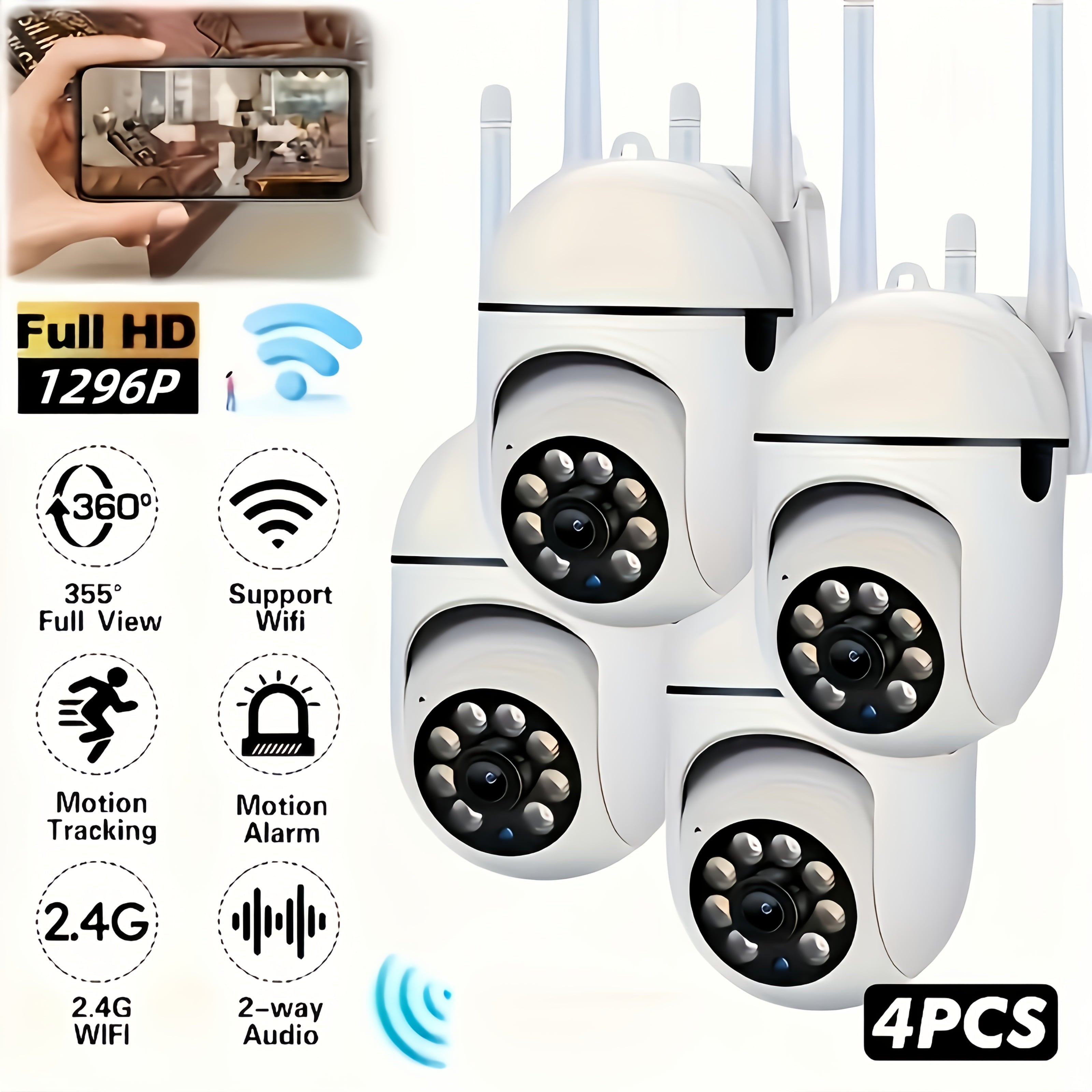 4/6/8pcs 3MP Wireless Security Camera, 1296P HD Indoor WiFi Surveillance, 360° PTZ with Auto Tracking, Sound & Light Alarm, for Home/Baby/Pet/Store Monitoring