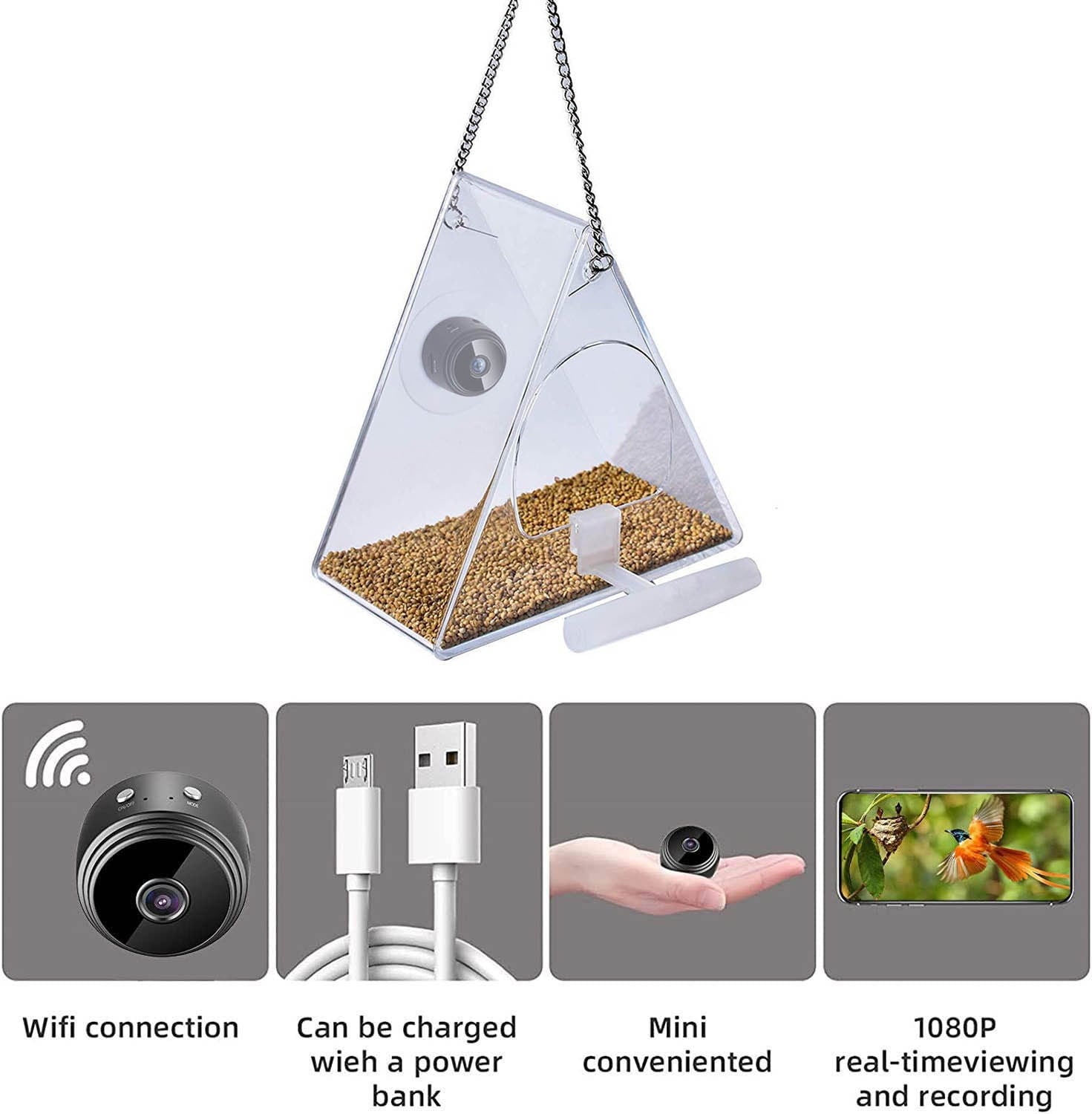 COFEST Bird Feeder with Camera 1080P, WiFi Bird Watching Camera, Outdoor Bird Monitoring Device, HD Night Vision Bird Feeder Cam Black