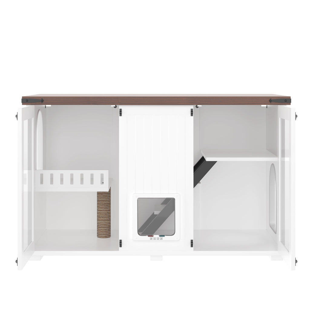 47" Hidden Cat Litter Box Furniture with LED Light & Built-In Stairs - Multi-Functional Cat Cabinet Side Table for Living Room, Smart Door Design (White)