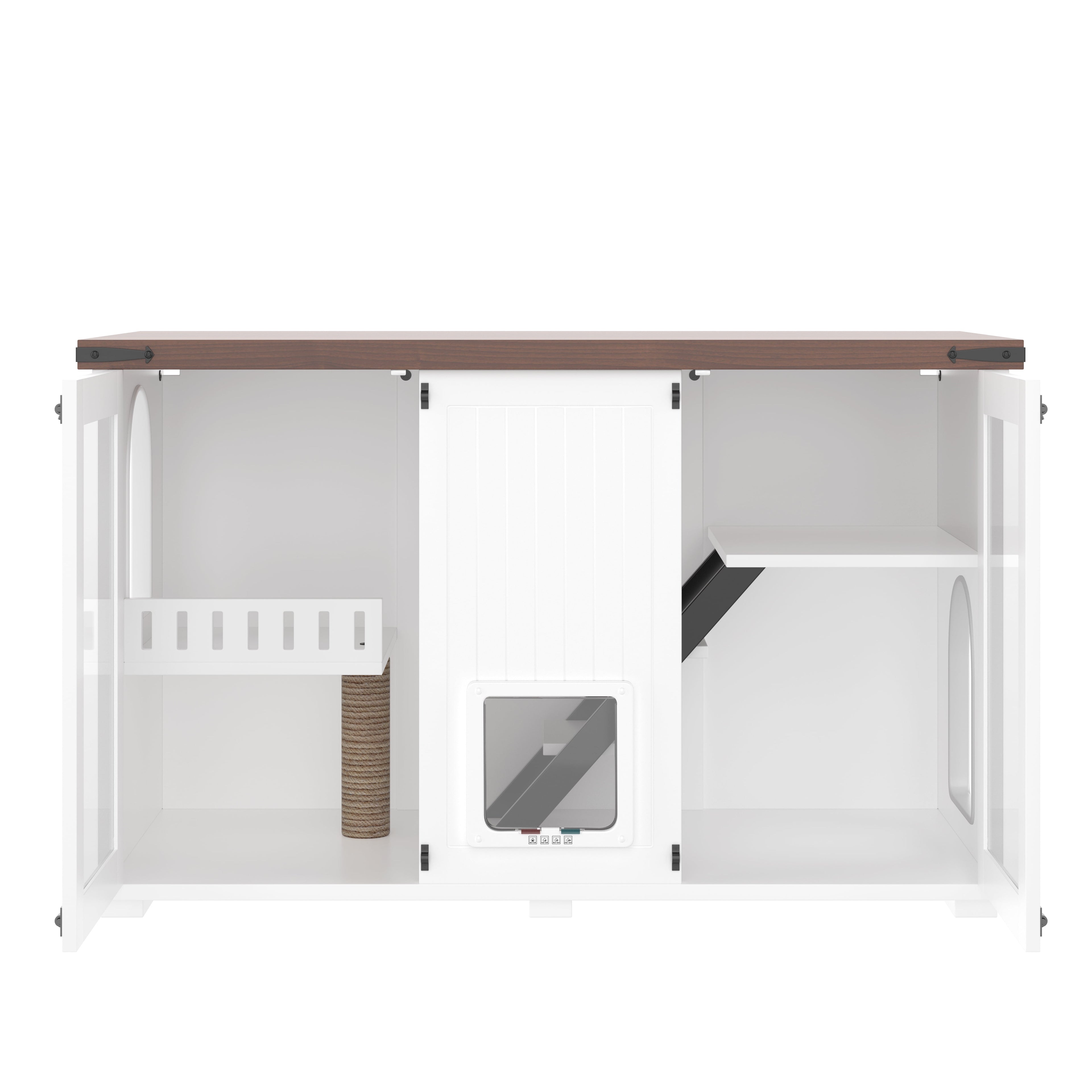 47" Hidden Cat Litter Box Furniture with LED Light & Built-In Stairs - Multi-Functional Cat Cabinet Side Table for Living Room, Smart Door Design (White)