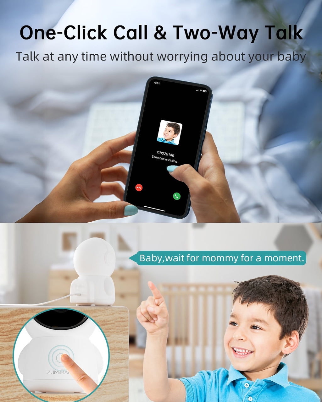 ZUMIMALL Security Camera Indoor, 5G/2.4G WiFi Baby Monitor with Camera and Audio, 2K Wired Pet Camera for Home Security, One-Click Call, Auto Tracking, Cry/PIR/AI Detection, Alexa/ONVIF/Cloud