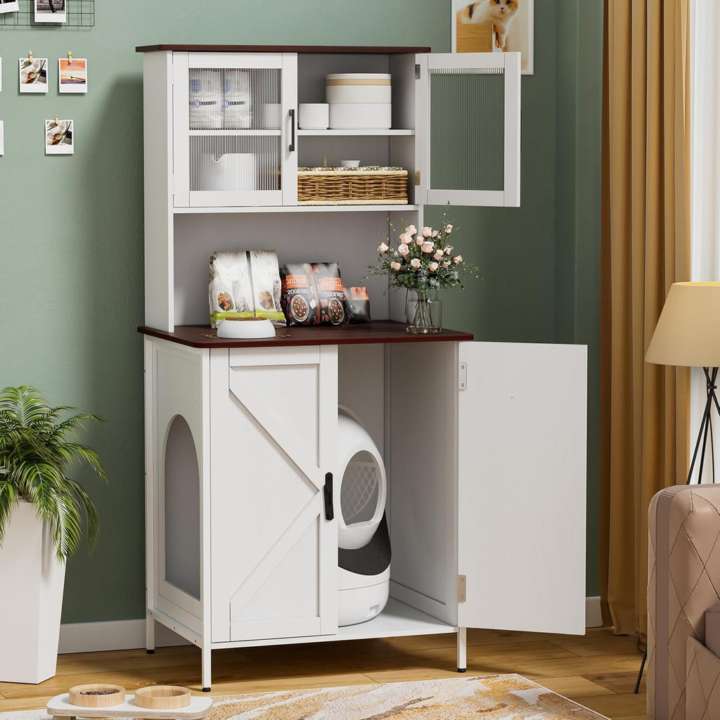 PakaLife Cat Litter Box Enclosure Furniture for Self-Cleaning Litter Box, Wood Cat Washroom Furniture with Cabinet, Shelves and Doors for Large Smart Litter Box