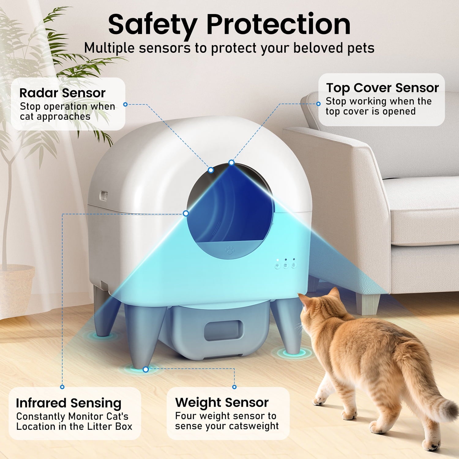 Cumrige Self-Cleaning Cat Litter Box, App Controlled, with Safety Sensor, Removable and Washable Liner