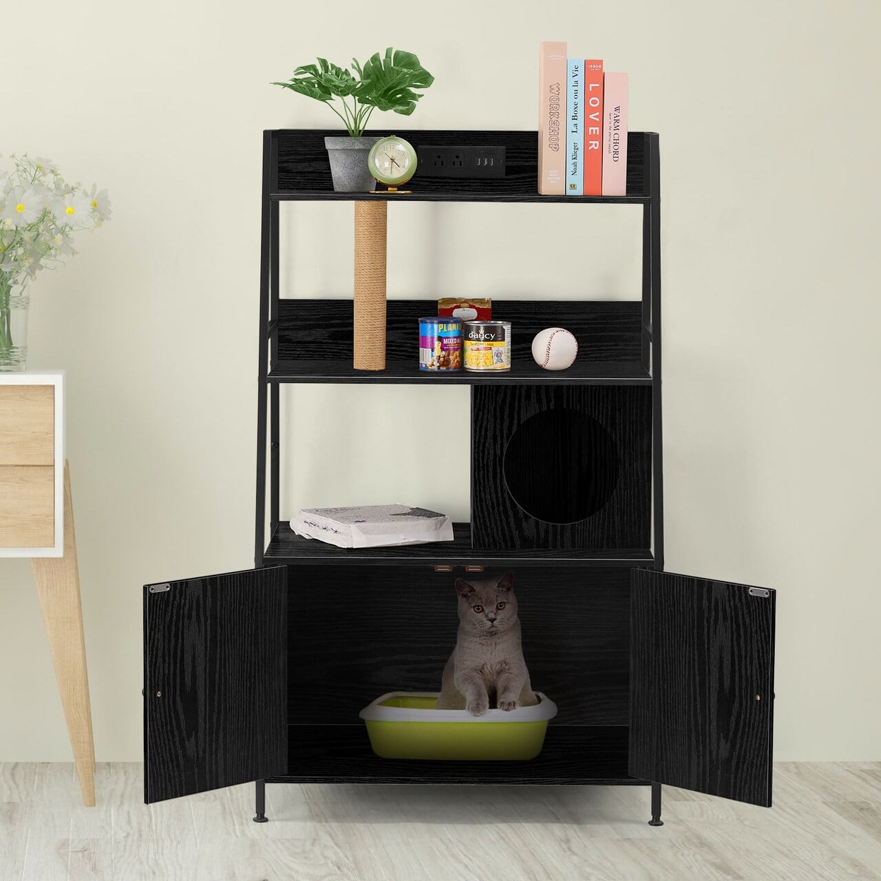 Oumilen Modern Black Nightstand with Hidden Litter Box and Charging Station