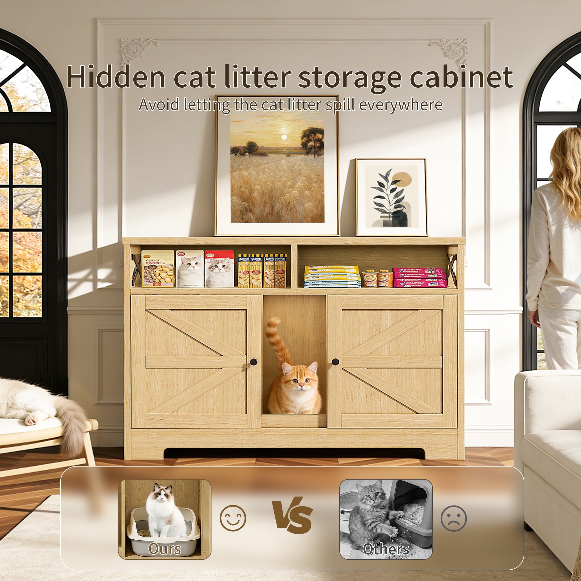 CATLK Cat Litter Box Enclosure - Hidden Litter Box Furniture Cabinet with Storage for 2 Cats, Multi-Functional Cat Litter Box Washroom, Brown