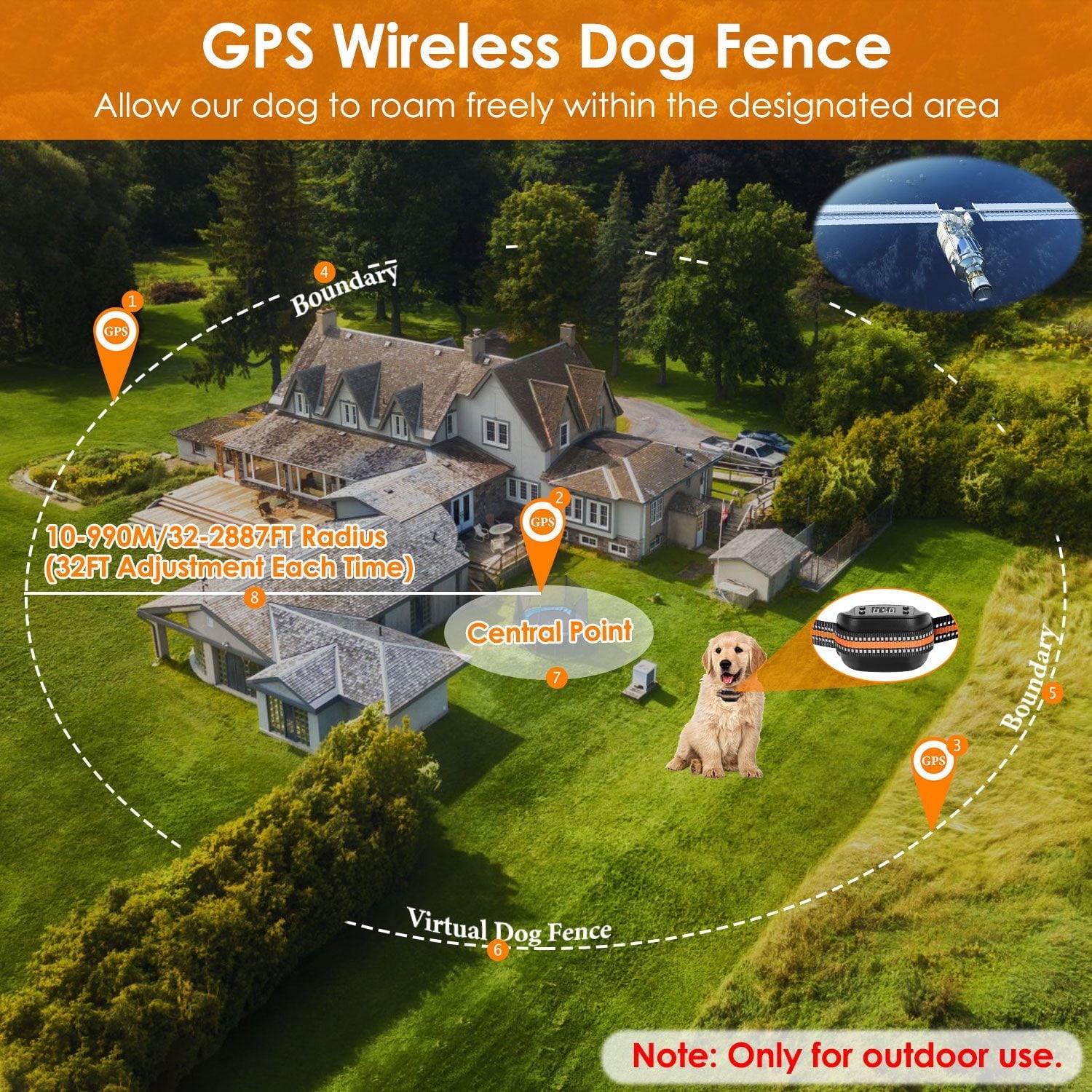 GPS Wireless Dog Fence TeqHome Electric Dog Collar Fence Pet Containment System Range 32-2887ft Rechargeable Harmless Suitable for All Dogs