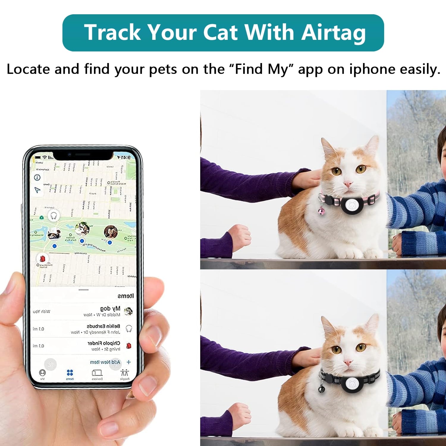 IC ICLOVER 2 Pack Breakaway Airtag Cat Collar, Reflective Kitten Strap with Air Tag Case and Bell for Cat Kitten and Extra Small Dog, Black