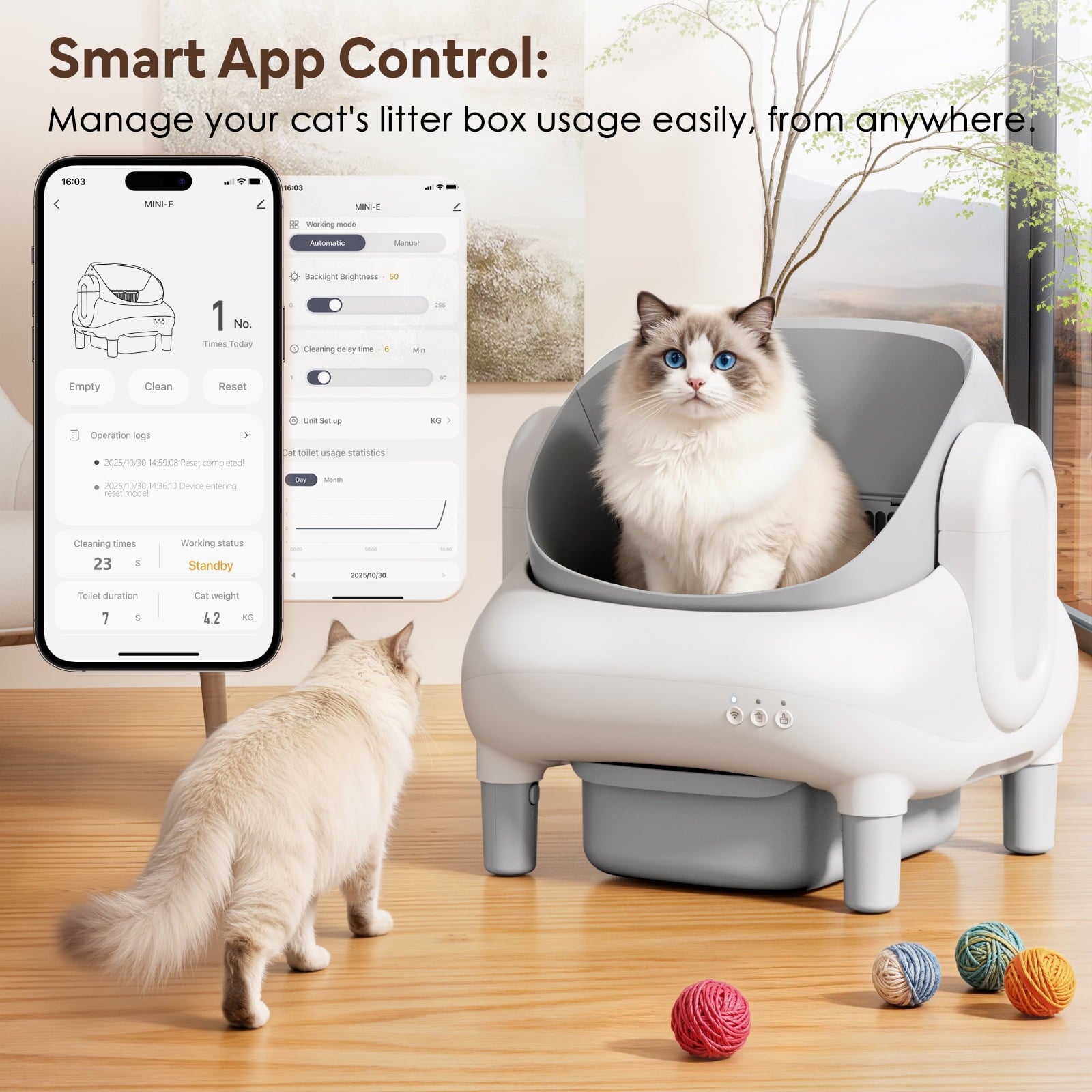 Self Cleaning Litter Box, 95 L Automatic Cat Litter Box Self Cleaning for Multiple Cats, with Safety Protection, App Control,1 Roll Garbage Bags,White & Grey