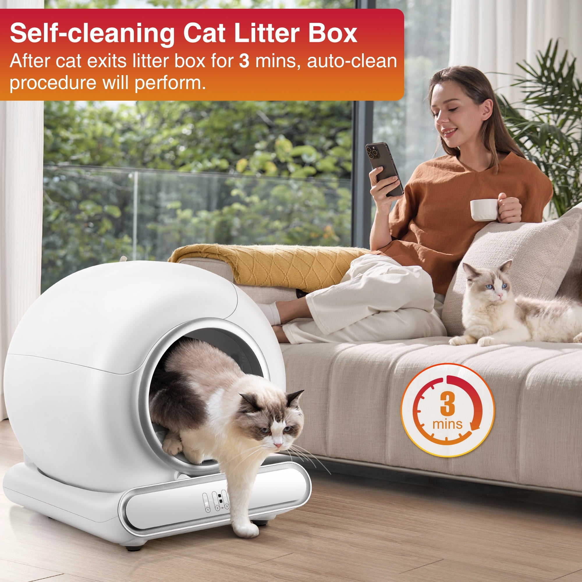 Self Cleaning Cat Litter Box,  65L+9L Automatic Cat Litter Box for Milti Cats w/ 2 Roll Liners, Smart APP Control, Health Monitoring, Odor Removal, 2 Sensor Safety Protection, Whisper Quiet