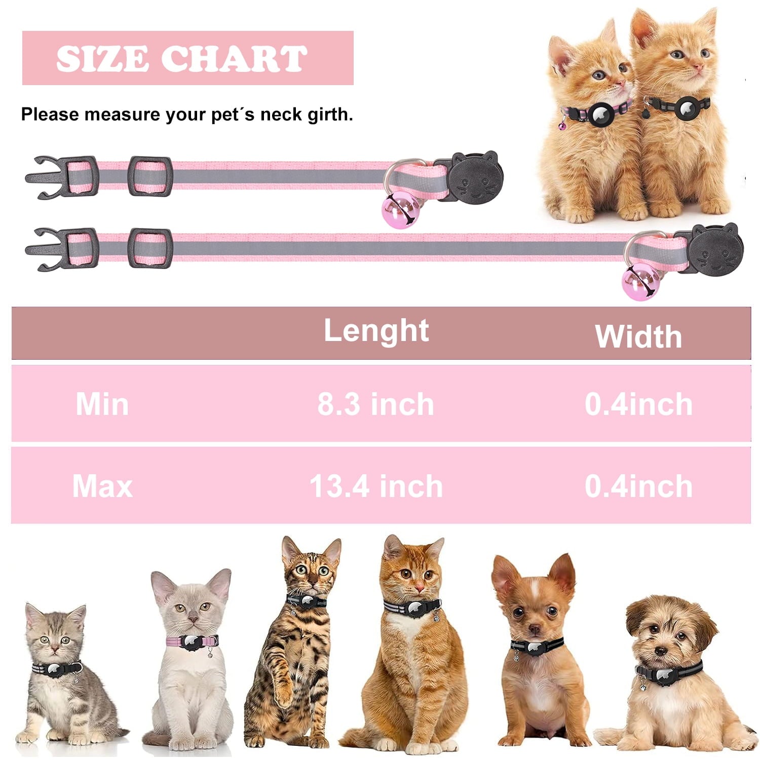 Airtag Pet Collar Breakaway with Bell, Reflective Collar with Waterproof Airtag Holder Tracker Pet Collars for Kittens And Puppies (Pink)
