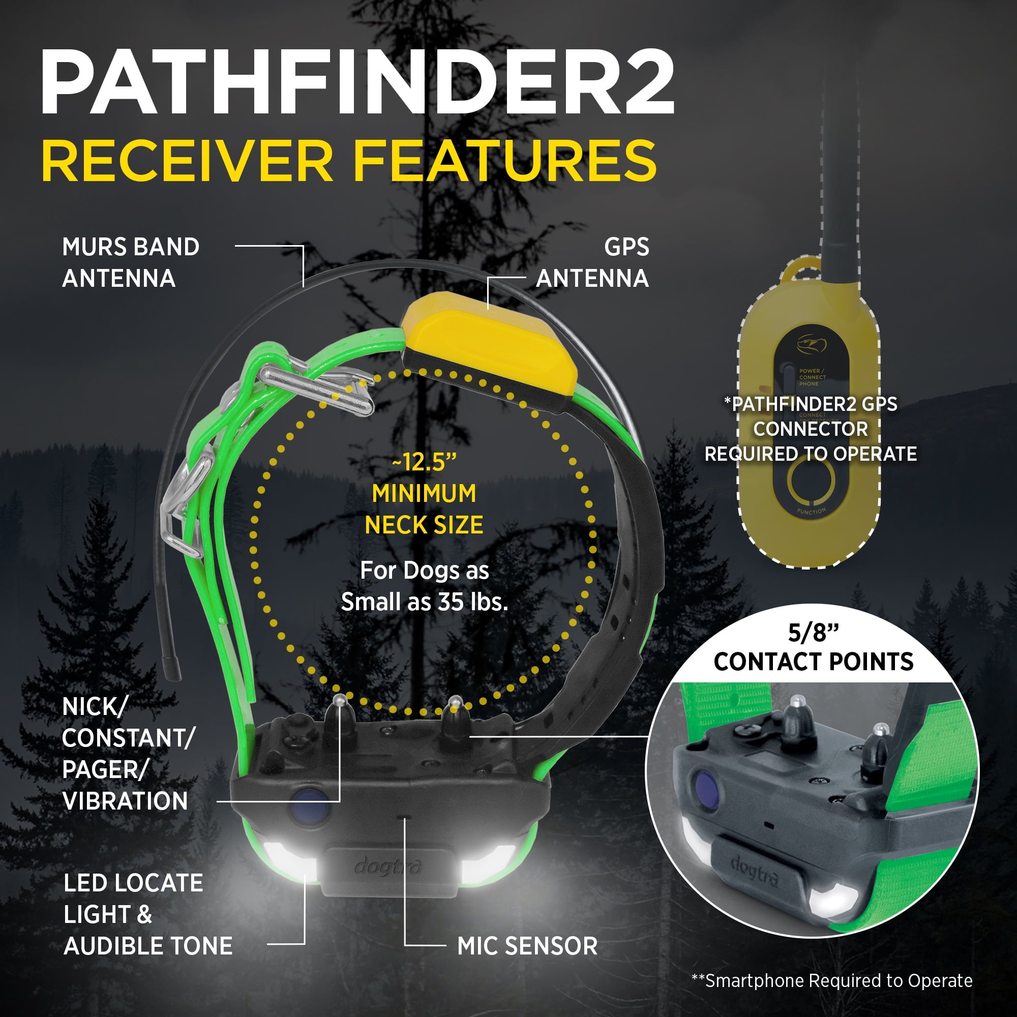 Dogtra Pathfinder 2 Additional Receiver Green Dog GPS Tracker e Collar Green LED Light No Monthly fees Free App Waterproof Smartwatch Control Real Time Tracking Long Range Smartphone Required