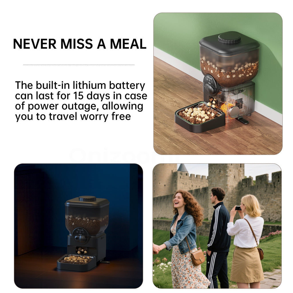 ONIZOOMI Automatic Pet Feeder with Camera & WiFi App for Cats & Dogs, 6L Timed Dispenser, 15-Day Battery