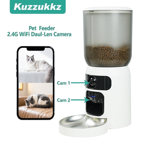 Automatic Cat Feeder with Dual HD Camera, 5G&2.4G WiFi Pet Feeders with App control laser interactive Toy Treat and Ai sensor.