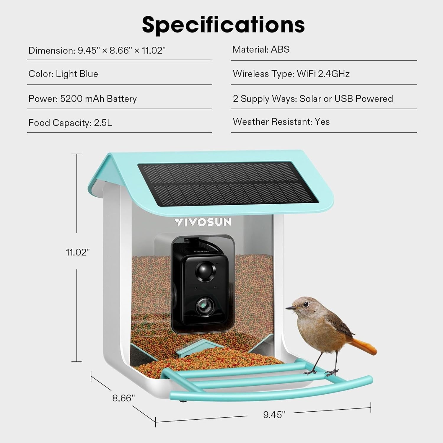 VIVOSUN 2.5L Smart Bird Feeder with Camera, 1080P HD WiFi Camera, Auto Capture Bird Videos & APP Share with 128G TF Card
