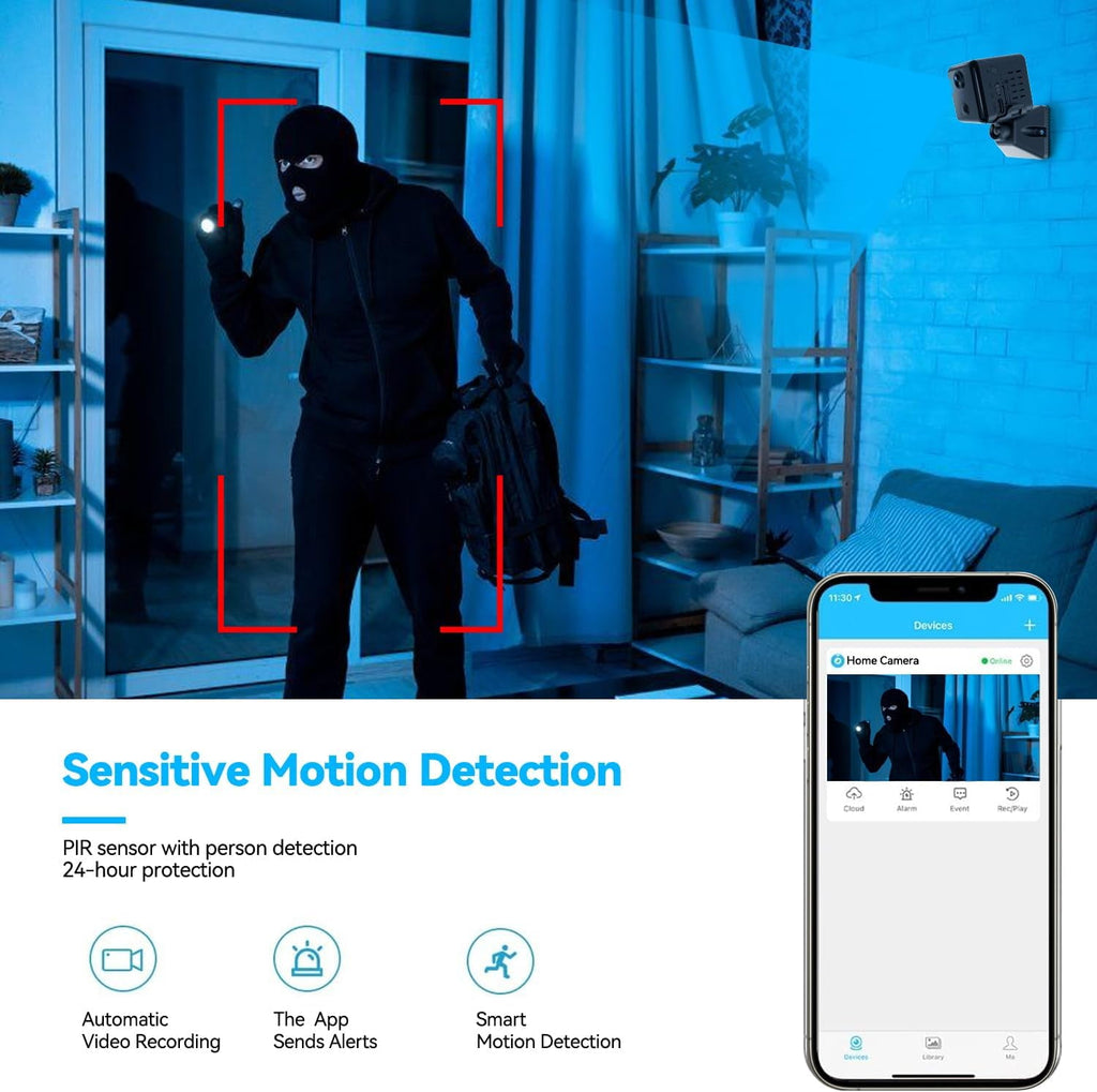 Wi-Fi Magnetic Wireless Ultra HD Mini Camera, Hidden Security Camera with Night Vision, Motion Detection, Cloud Storage, 64GB SD Card, Compact Design, Indoor for Baby, Elder, Pet, Car Monitoring