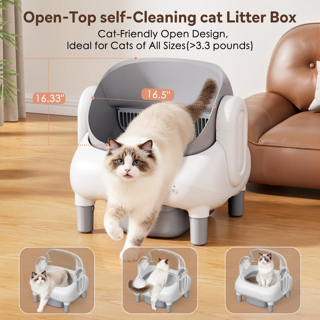 Self Cleaning Litter Box, 95 L Automatic Cat Litter Box Self Cleaning for Multiple Cats, with Safety Protection, App Control,1 Roll Garbage Bags,White & Grey
