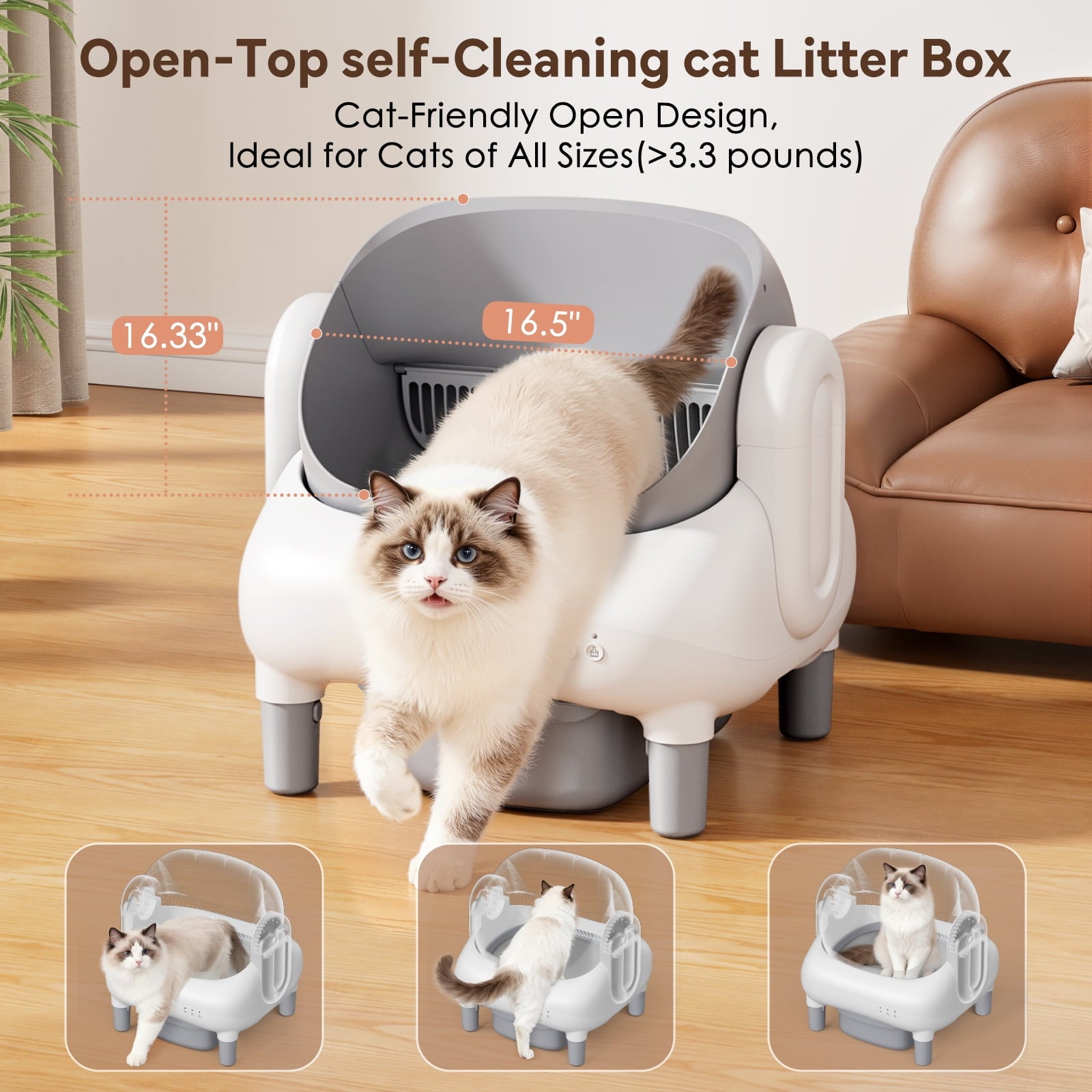 Self Cleaning Litter Box, 95 L Automatic Cat Litter Box Self Cleaning for Multiple Cats, with Safety Protection, App Control,1 Roll Garbage Bags,White & Grey