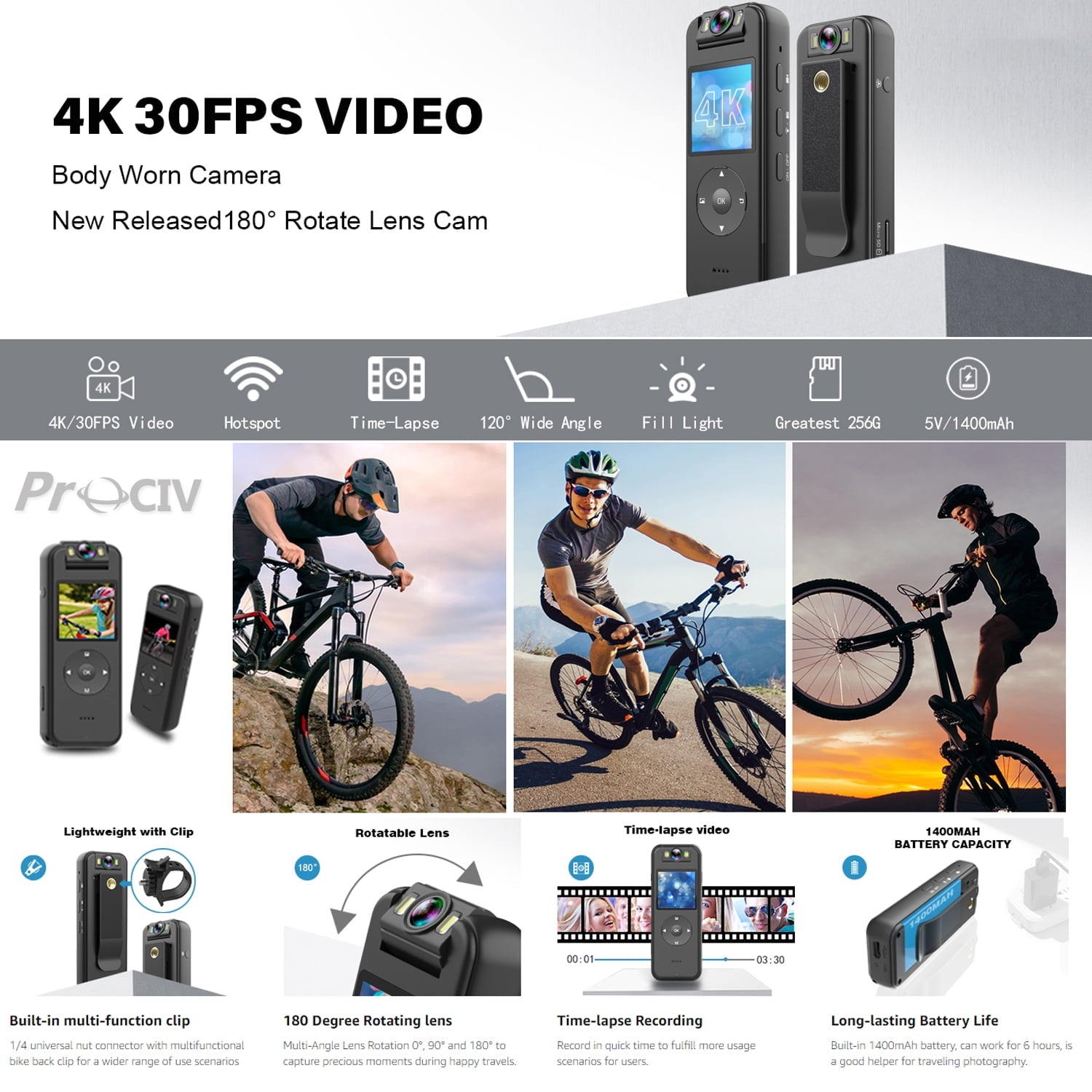 Prociv 128GB Body Camera 4K 30FPS UHD Recording,1.4 in Screen Recorder Night Vision Lighting 6HR Battery Life Wearable Camcorder for Outdoor Riding,Home,Sports,Pet Records,Security,Travel Records