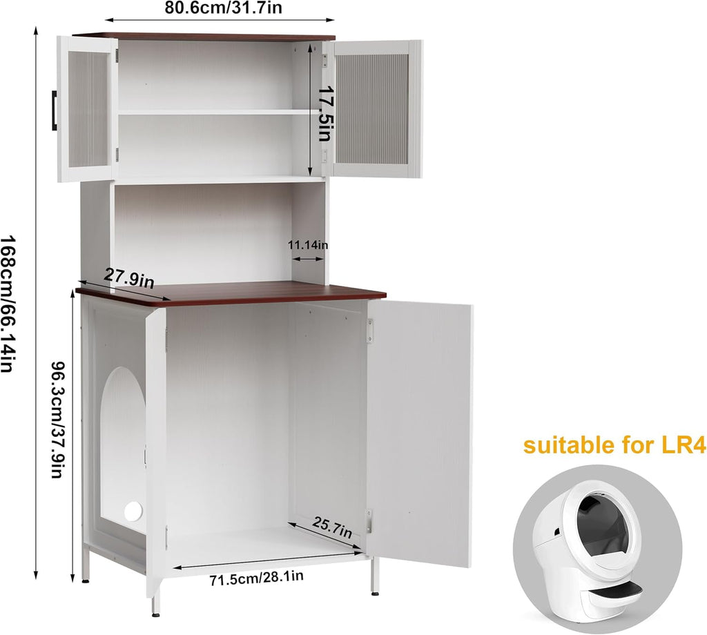 PakaLife Cat Litter Box Enclosure Furniture for Self-Cleaning Litter Box, Wood Cat Washroom Furniture with Cabinet, Shelves and Doors for Large Smart Litter Box
