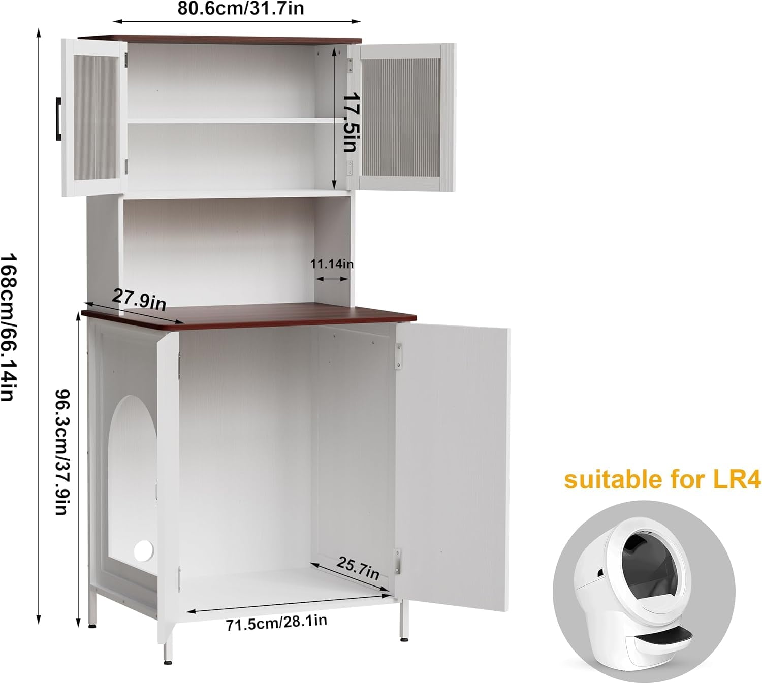 PakaLife Cat Litter Box Enclosure Furniture for Self-Cleaning Litter Box, Wood Cat Washroom Furniture with Cabinet, Shelves and Doors for Large Smart Litter Box