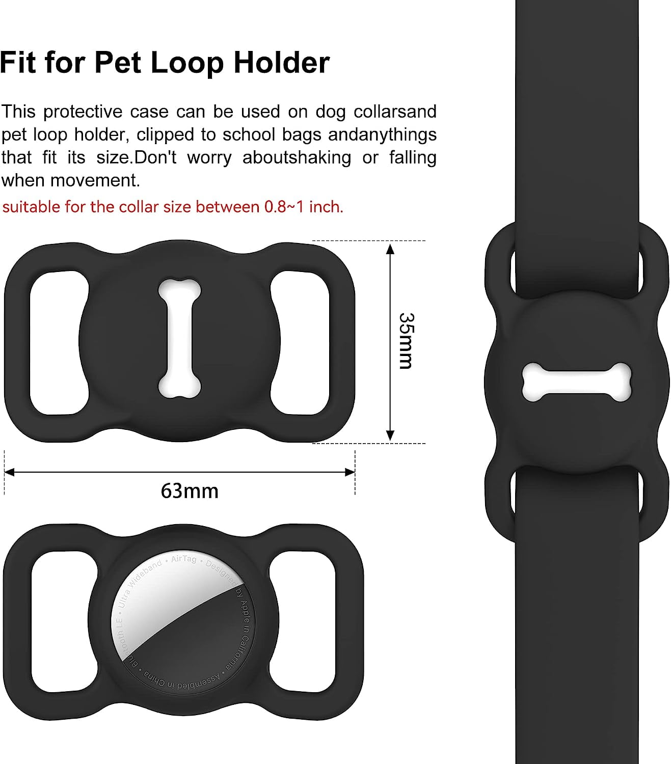[2 Pack] Pet AirTag Holder, Silicone Dog Collar Accessory for AirTags, Bone Pattern (Black/Black)
