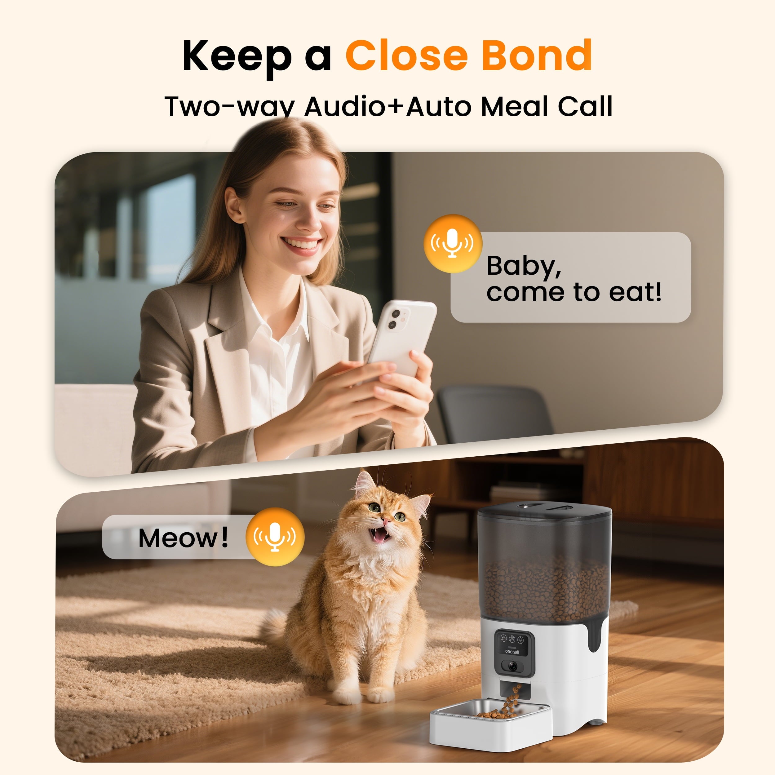 Oneisall WF-63 5GHz & 2.4GHz Automatic Cat Food Dispenser, 6L/25 Cups Automatic Cat Feeder with Camera, White